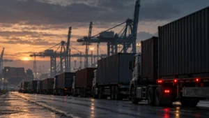 Container trucks queuing outside Durban Gateway Terminal during the DGT recovery in September 2026.