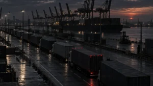 Container trucks queuing outside Durban Gateway Terminal during the September 2026 slot-booking delays.