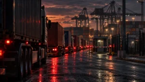 Container trucks queued outside Durban Gateway Terminal as 140 hauliers take the terminal and eight shipping lines to the Competition Commission