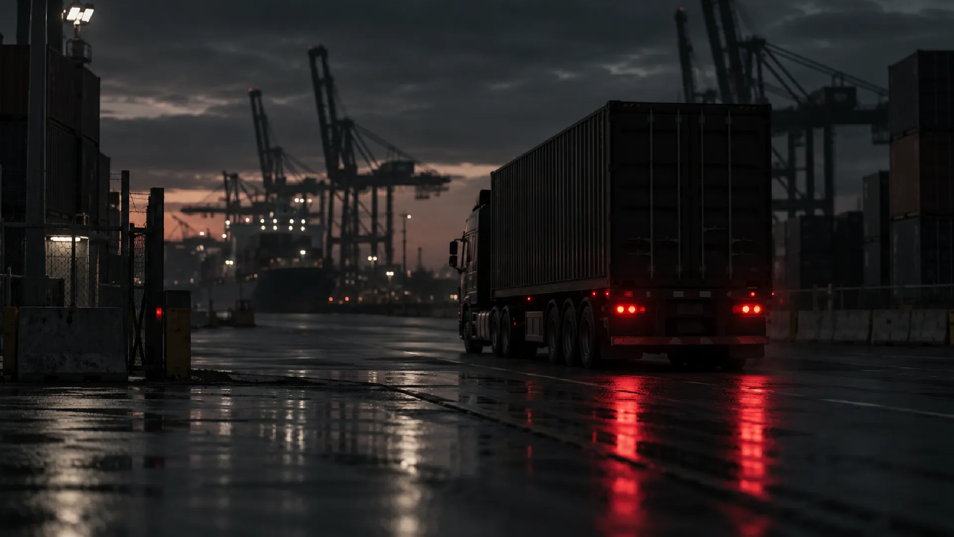 Loaded truck leaving a dark port precinct at dusk — land transport kept growing through South Africa's GDP contraction Q2 2026