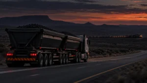Loaded side-tipper on a Karoo highway as Transnet seeks a partner for the 2026 manganese export corridor.