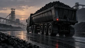 Coal side-tipper on a haul road at dawn — bulk operators face the mining production July 2026 fall of 7.5%