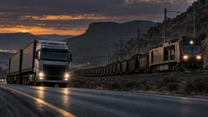 Freight train and truck on parallel South African corridors after the 2026 rail network statement