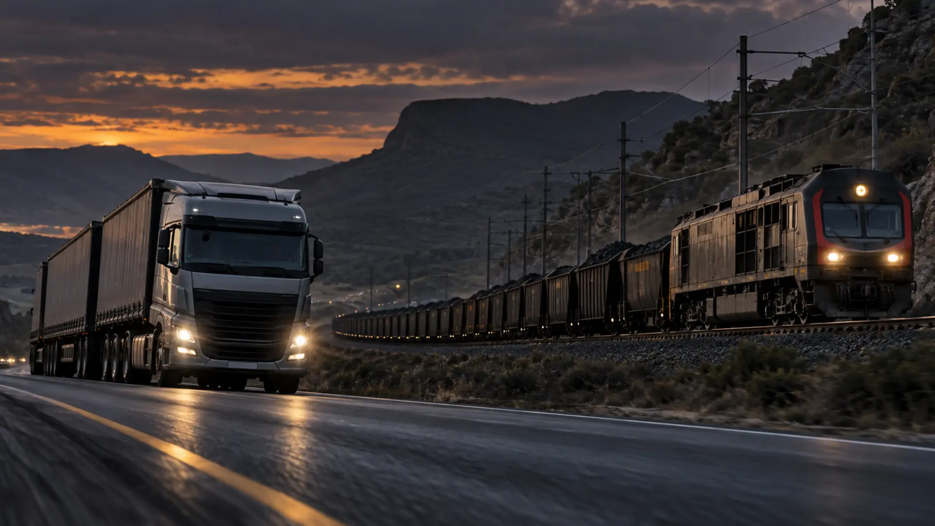 Freight train and truck on parallel South African corridors after the 2026 rail network statement