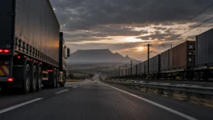 Freight truck and container train running side by side on a South African corridor after Transnet's 2026 annual results.