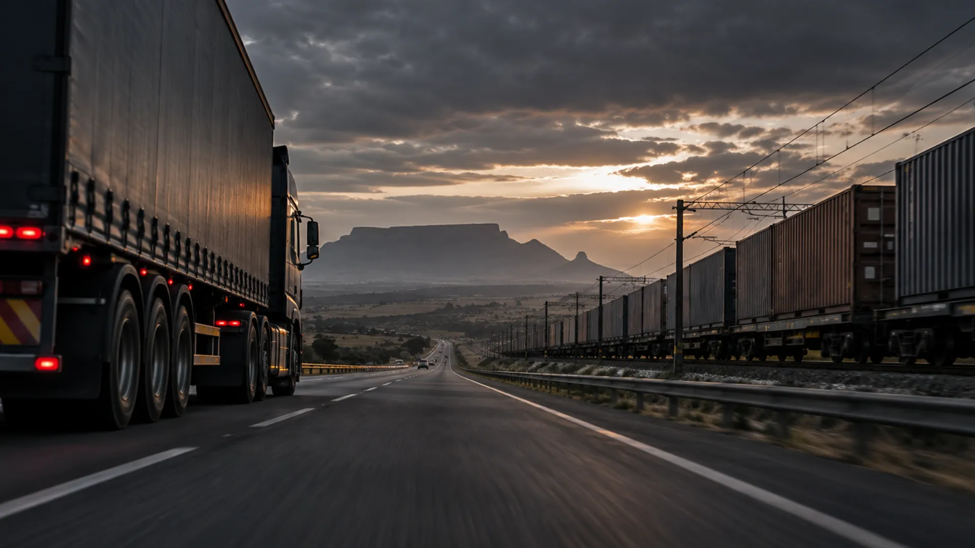 Freight truck and container train running side by side on a South African corridor after Transnet's 2026 annual results.