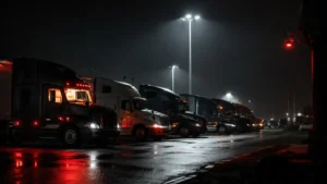 Trucks under floodlights at a secure depot as truck hijacking statistics for 2026 fall 21% for a second consecutive quarter