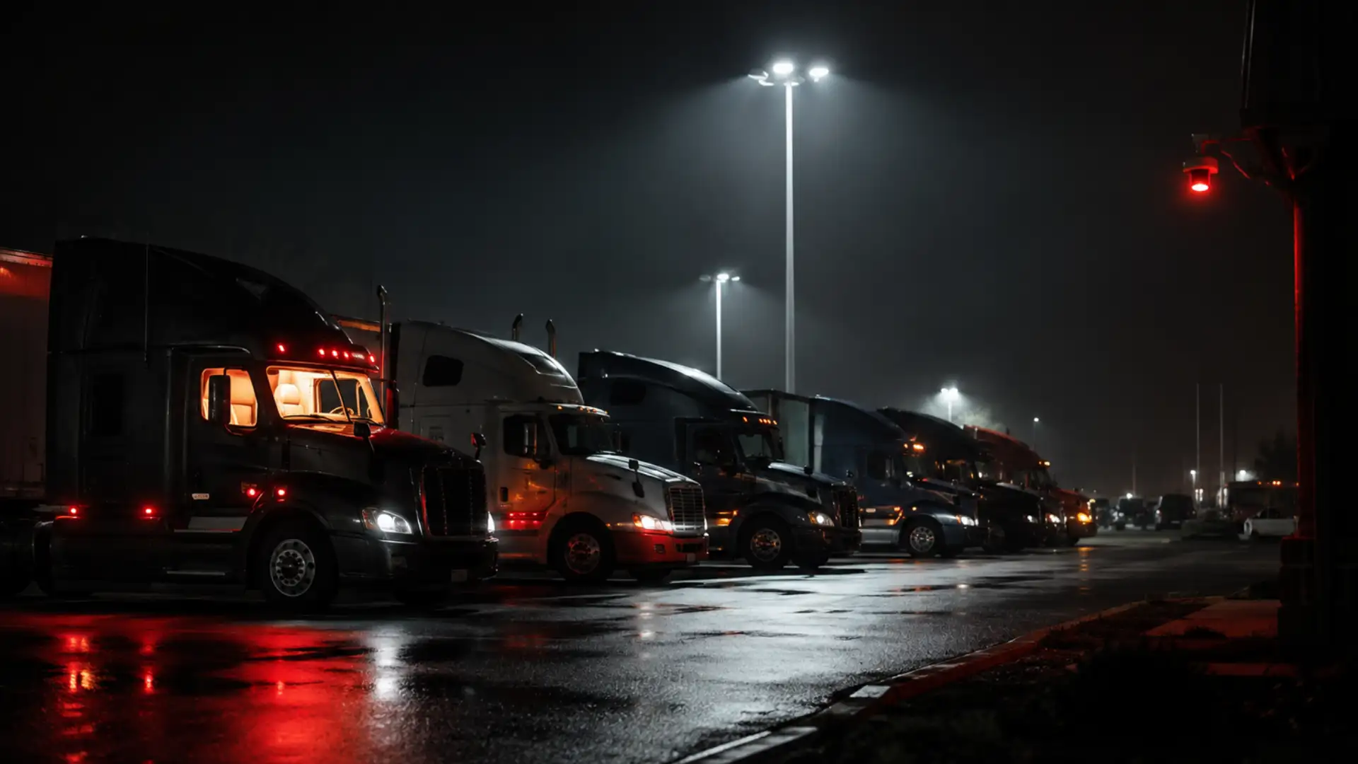 Trucks under floodlights at a secure depot as truck hijacking statistics for 2026 fall 21% for a second consecutive quarter