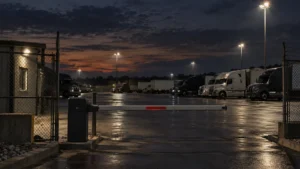 Trucks parked overnight at a gated South African truck stop after the 2026 National Truck Stop Framework launch
