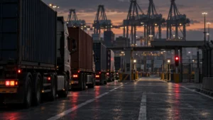 Trucks queue outside a Durban container terminal as the DGT Navigate system 2026 replaces the truck appointment system.