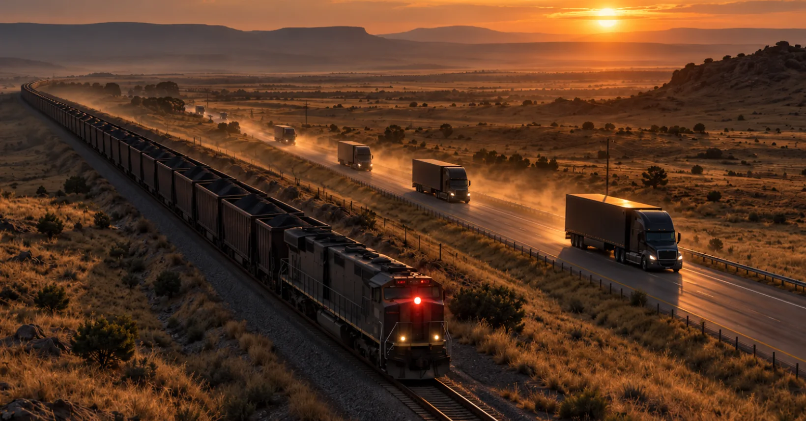 Trucks and a freight train side by side on a South African corridor as logistics costs 2026 reach a record R1.16 trillion.