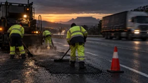 Maintenance crew patching a national road as SANRAL road maintenance 2026 goes back to tender.