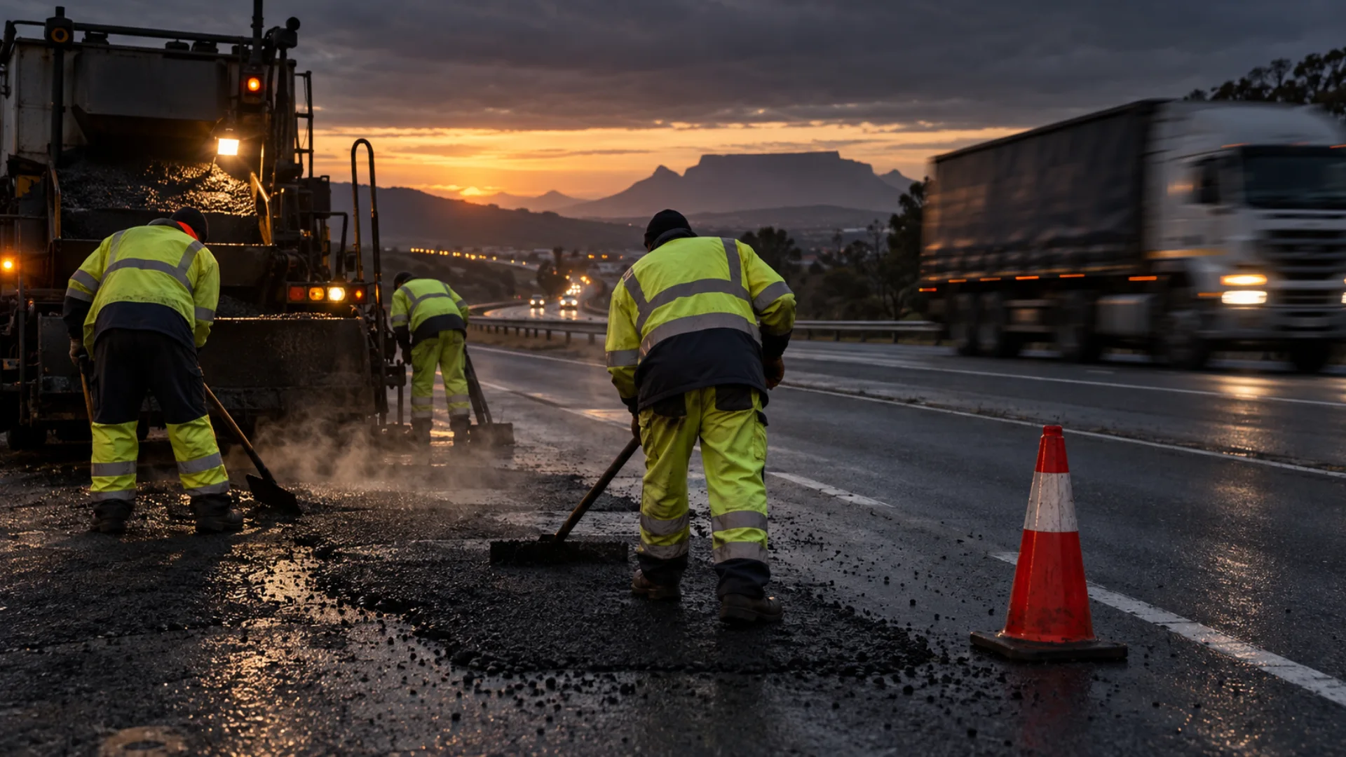 Maintenance crew patching a national road as SANRAL road maintenance 2026 goes back to tender.