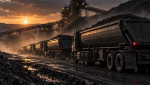 Side-tipper trucks at a coal stockpile as mining production August 2026 figures show output down 12.7% in South Africa.