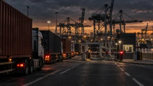 Container trucks at a South African port gate as Cabinet approves TNPA separation 2026.