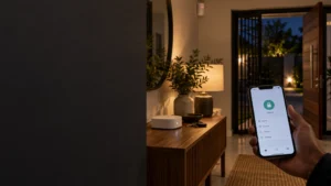 Ajax wireless alarm system hub and motion detector in a South African home, armed from a smartphone